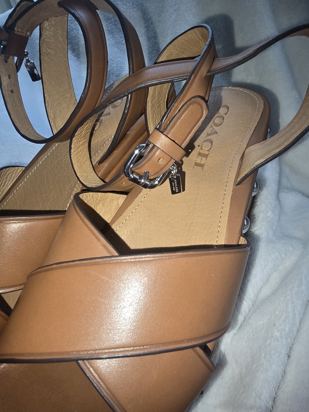 Coach Tan Leather Crisscross Platform Sandals - Picture 6 of 7